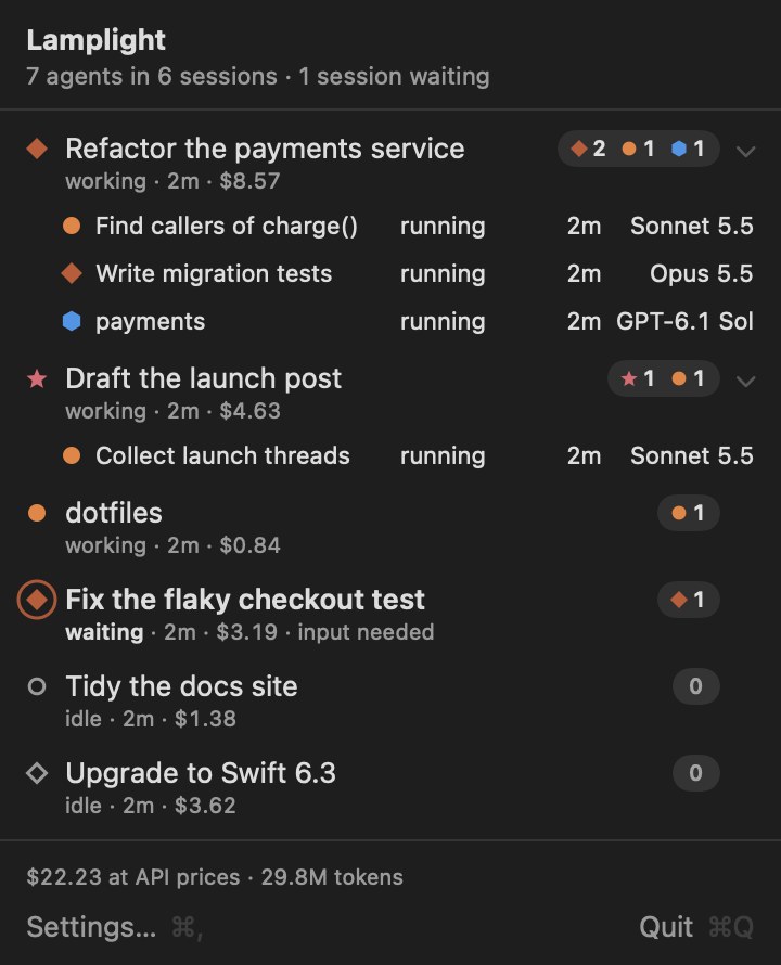 Lamplight menu in dark mode