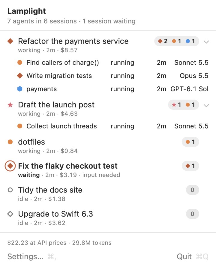 Lamplight menu: seven agents in six sessions with status, model and cost